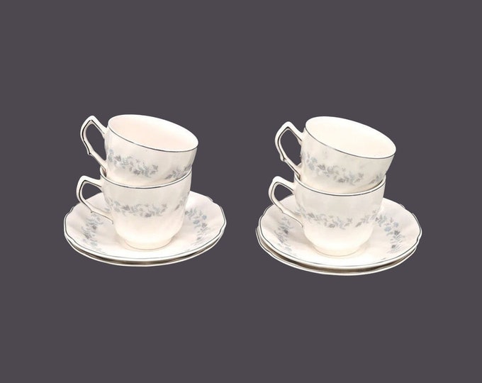 Four Johnson Brothers JB1122 cup and saucer sets. Snowhite Regency ironstone made in England.