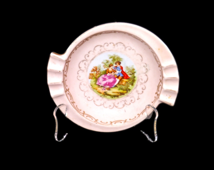 Mid-century ashtray signed J. Moire made in Japan by ESD. Fragonard-style romantic couple, period dress, filigree.