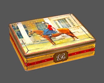 Edward Sharp & Sons hinged biscuit tin. Queen Elizabeth on horseback.