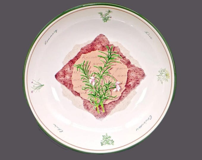 Herb Garden Stoneware round pasta serving bowl. Central herbs, herb wording along rim. Made for Bowrings. Minor flaw (see below).