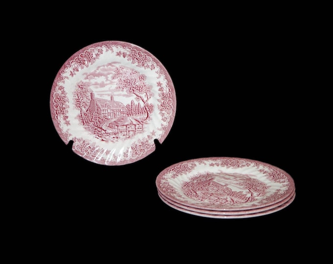 Four Churchill China The Brook Pink transferware dinner plates made in England.