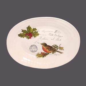Plateau de viande ou de dinde de carte postale de Noël Ceramica Cuore. Houx, baies, oiseau sur une branche. Fabriqué en Italie.