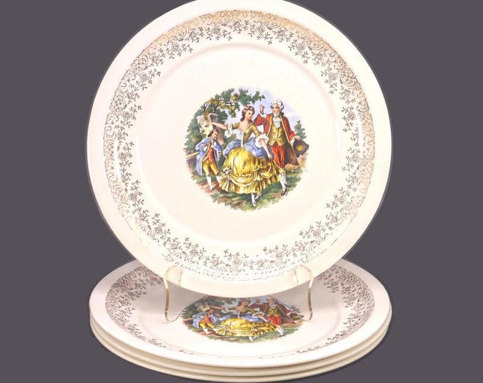 Four Georgian China | Homer Laughlin HLC2292 dinner plates. Marie Antoinette | Courting Couple, 22K filigree rim. Made in USA.