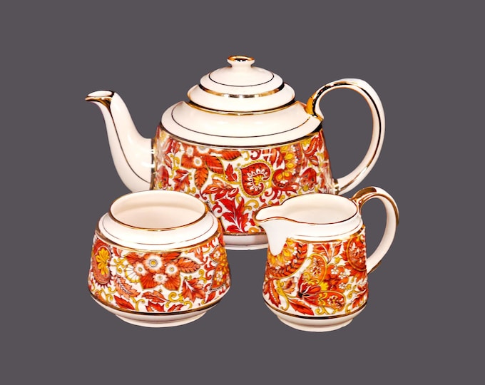 Sadler 3484 paisley | brocade four-cup teapot, creamer and open sugar bowl set made in England. Small flaw (see below).