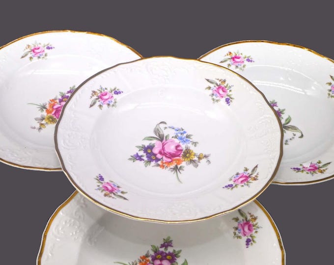 Four Bernadotte Thun Sonata rimmed soup bowls made in Czechoslovakia. Meissen Dresden flowers.
