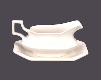 Vintage Johnson Brothers Heritage White all-white gravy boat with under-plate made in England.
