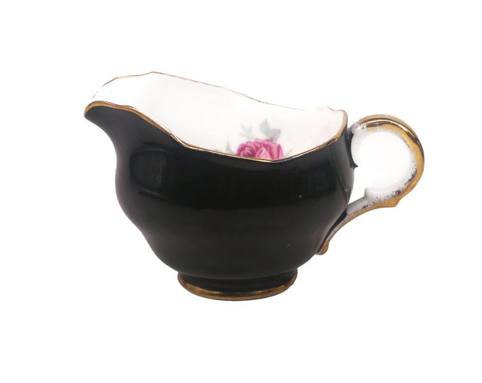 Adderley Bone China 425 Black Floral mini creamer jug. All black outer body, white inner body, red rose. Made in England.