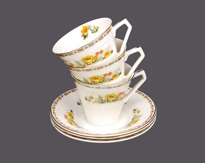 Three John Maddock Embassy Marigold cup and saucer sets. Art-deco tableware made in England.