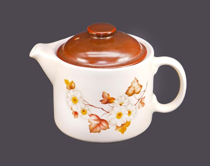 Sadler four-cup coffee pot. Autumn leaves, white blossoms, brown lid. Made in England.