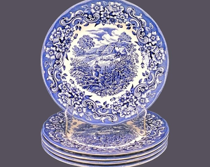 Five Staffordshire Engravings | EIT 17th Century Engravings Red River Scenes Blue salad plates made in England.