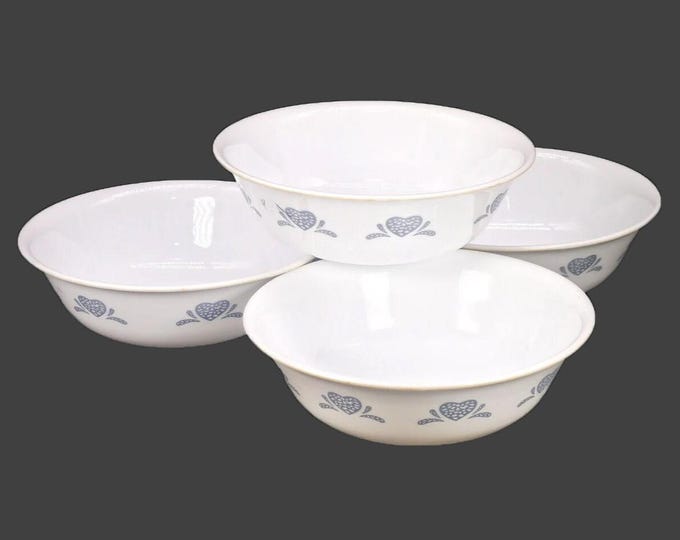 Vintage Corelle Corningware Blue Hearts coupe cereal bowls. USA. Set of 4.