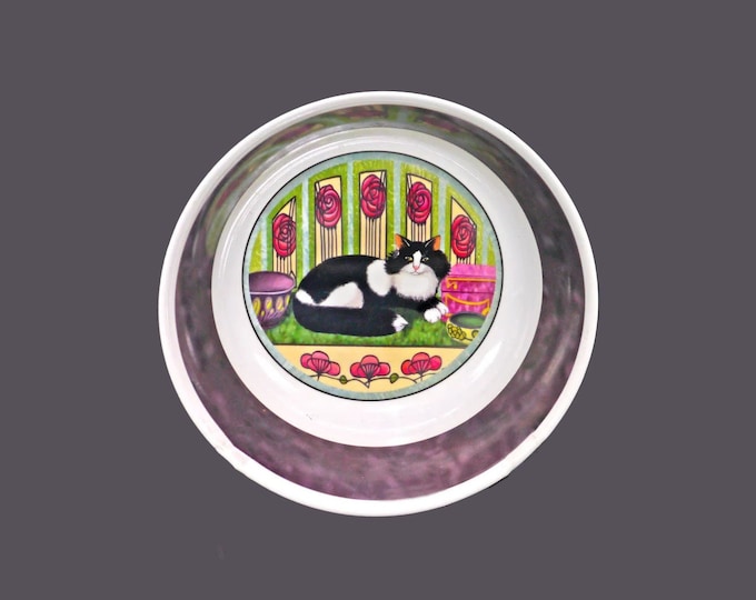 Melaware Fatcat round melamine vegetable serving bowl. Spoiled fat cat in center, mottled purple rim. Cat lover gift.