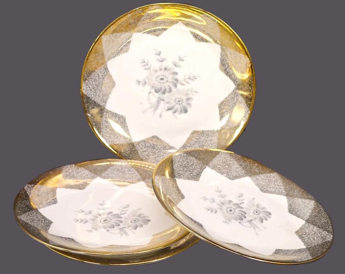 Vintage Rheinpfalz Hartzporzellan dessert plates set (Set of 4): Gray Floral, Brushed Gold