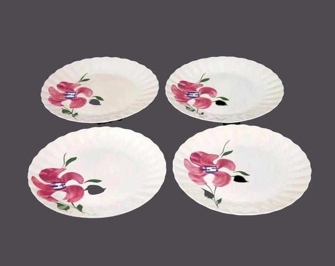 Vintage Blue Ridge Southern Potteries luncheon plates. Red flowers, blue centers. USA made.