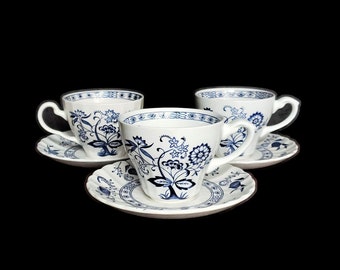 Three Johnson Brothers Blue Nordic cup and saucer sets made in England.