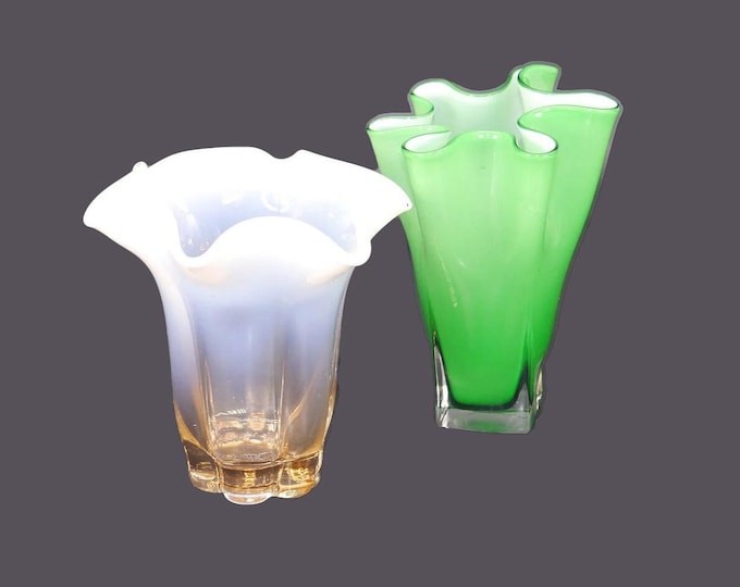 Pair of ruffled hand-blown art glass handkerchief vases. One pink, one green.