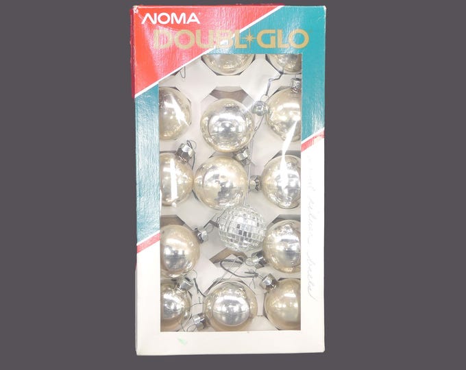 Noma silver christmas tree ornaments | baubles with box. Box of fifteen silver glass balls with snow effects. Made in Canada.