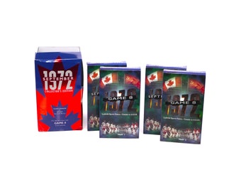 Boxed VHS set Canada vs USSR 1972 Hockey Playoffs. Russia Silver Anniversary Collectors' Edition Summit series VHS tapes with lapel pin.