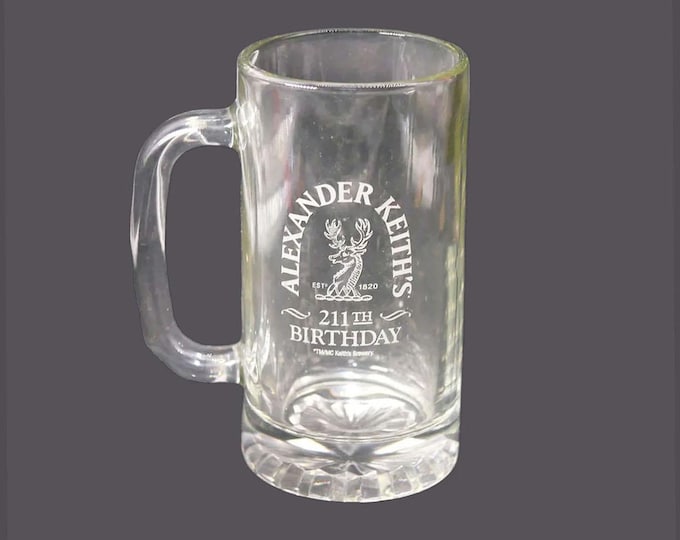 Alexander Keith's Ale 211th Birthday glass beer stein. Etched-glass branding weighted base.