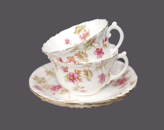 Pair of antique Victorian era Adderley Spray 30 bone china cup and saucer sets made in England.