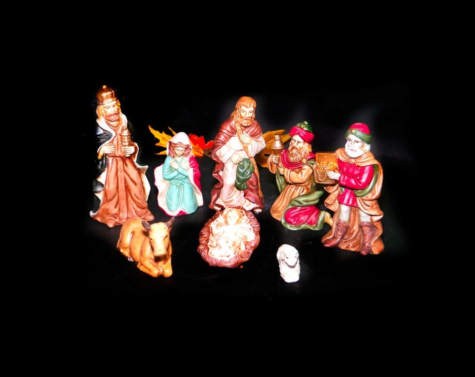 Danson Decor porcelain bisque eight-piece Christmas Nativity Figures Set in original box. Made in Taiwan.