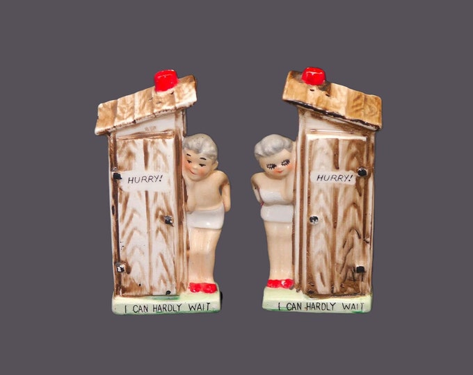 Mid-century Outhouse Hurry I Can Hardly Wait salt pepper shaker set made in Japan. Man Woman. Original cork plugs to base.
