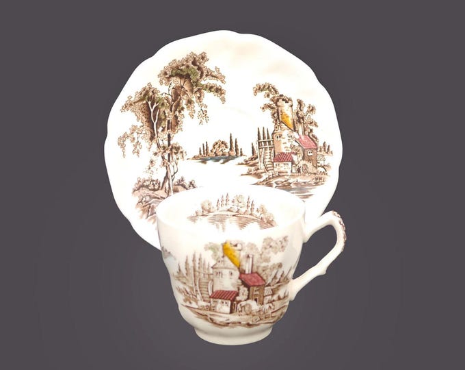 Johnson Brothers The Old Mill Multicolor Brown transferware cup and saucer set made in England. Sold individually