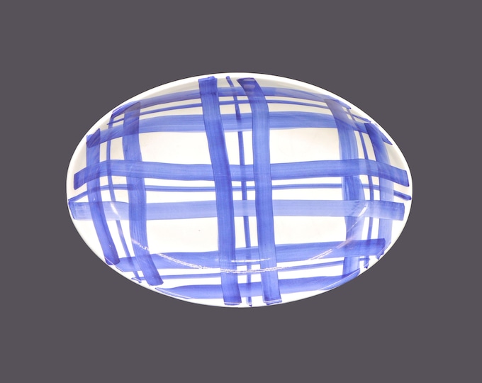 Pier 1 Blue-and-white plaid oval pasta serving bowl. Hand painted, made in Italy.