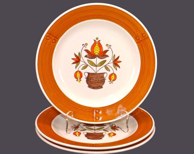 Vintage Metlox Poppytrail Provincial Flower Brown stoneware salad plates. USA. Set of 3.