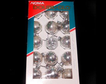 Noma silver christmas tree ornaments | baubles with box. Box of fifteen silver glass balls with snow effects. Made in Canada.