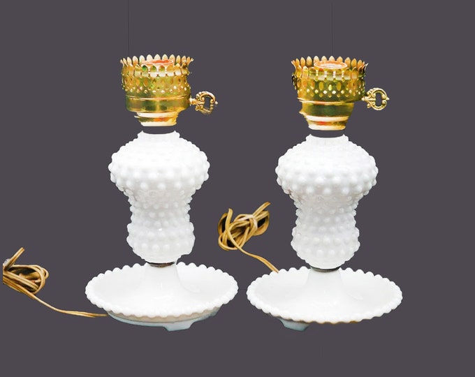 Pair of Gilben White Hobnail Milk Glass table lamps made in the USA. No shades.