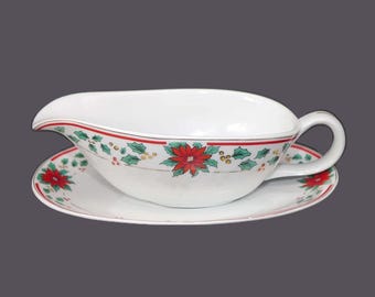 Vintage Royal Heritage Christmas Gravy Boat with Underplate: Poinsettia Holiday Decor