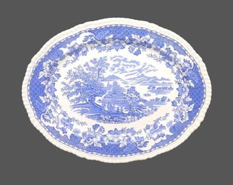 Vintage Wood & Sons Seaforth Blue oval platter. Blue-and-white tableware made in England.