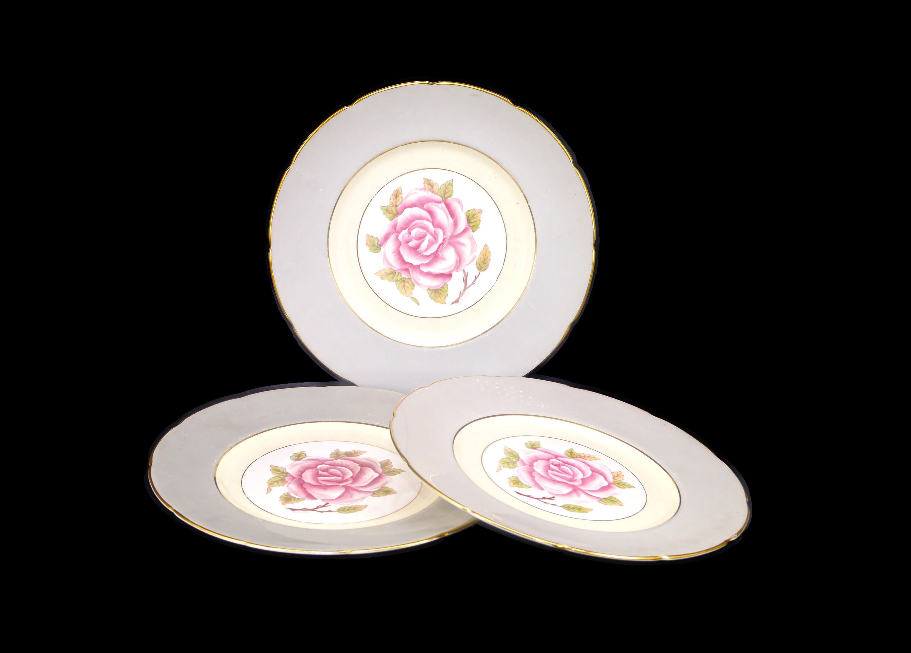 Three antique Coalport Romance S9598 large dinner plates. Bone china