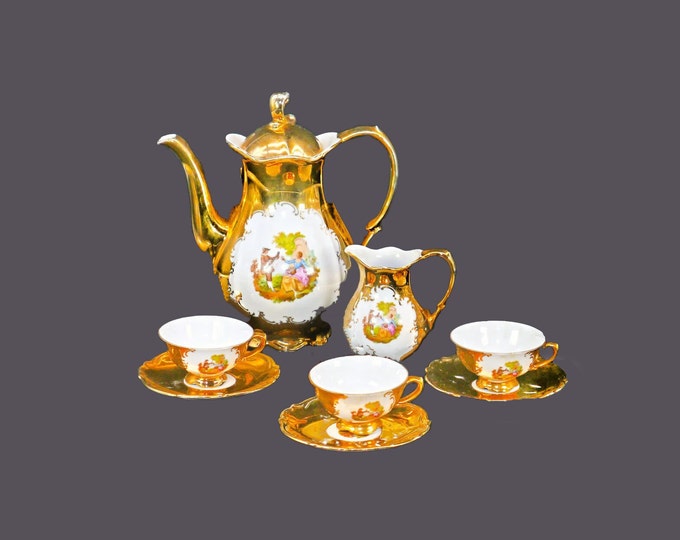 Versailles gold luster partial Fragonard demitasse coffee | coco service. Fragonard romance scenes. Made in Bavaria.