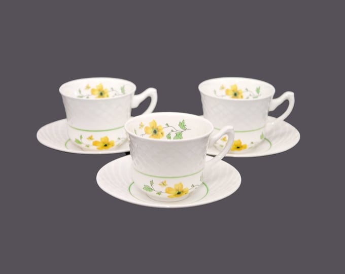 Three Wedgwood Jacqueline cup and saucer sets made in England.