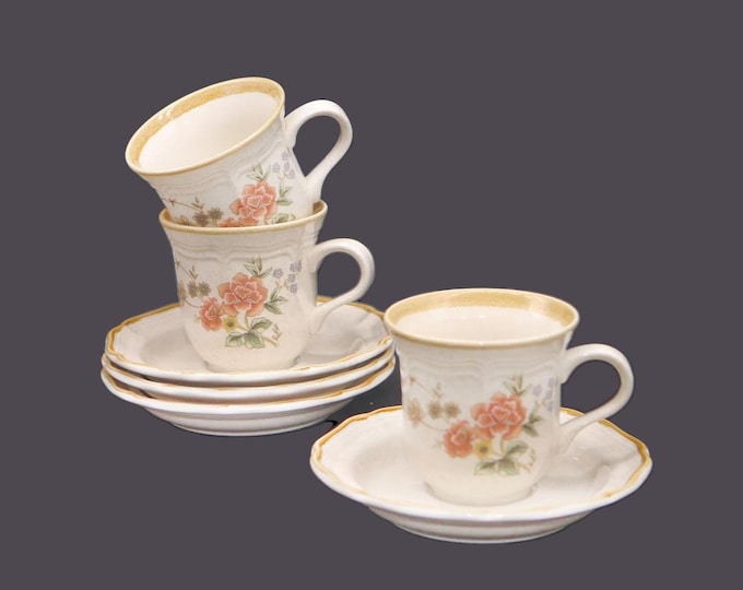 Three Mikasa Silk Bouquet EC463 cup and saucer sets with bonus. Garden Club stoneware made in Japan.