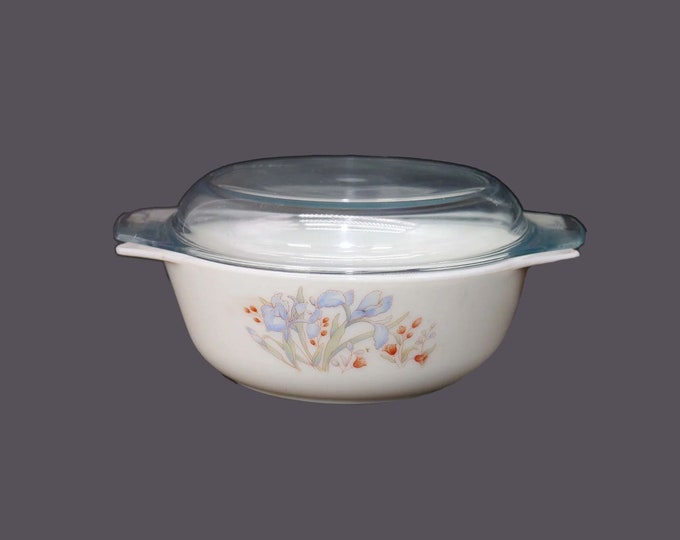 Pyrex Blue Iris 1-quart covered casserole dish with original domed lid made in England.