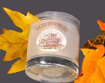 Vintage Southern Comfort lo-ball glass. Old brown steamship logo. Etched glass, frosted panels.