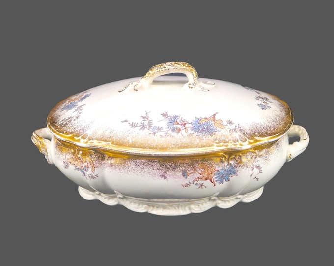 Antique Victorian era Ridgways covered, handled serving bowl made in England. Blue flowers, tan leaves, brushed gold. Royal Semi Porcelain.