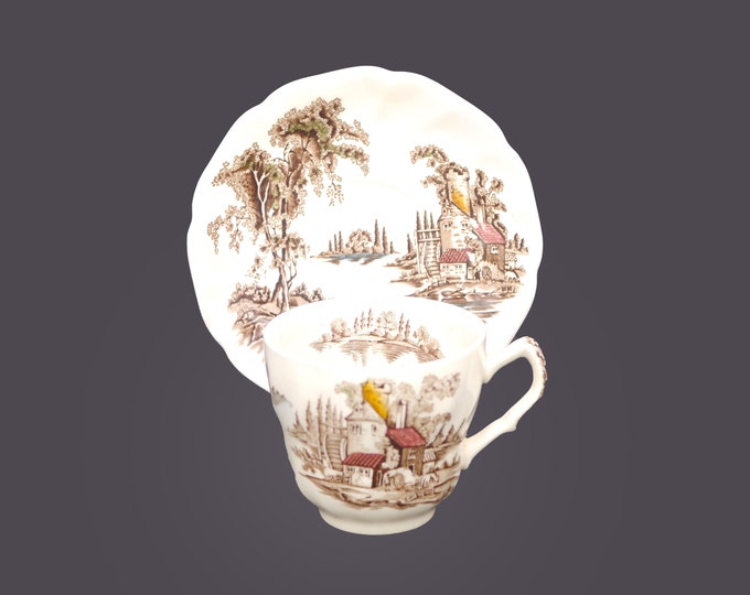 Johnson Brothers The Old Mill Multicolor Brown transferware cup and saucer set made in England. Sold individually