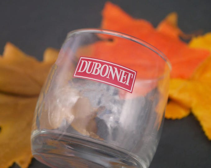Dubonnet lo-ball, whisky, on-the-rocks glass. Etched-glass branding.