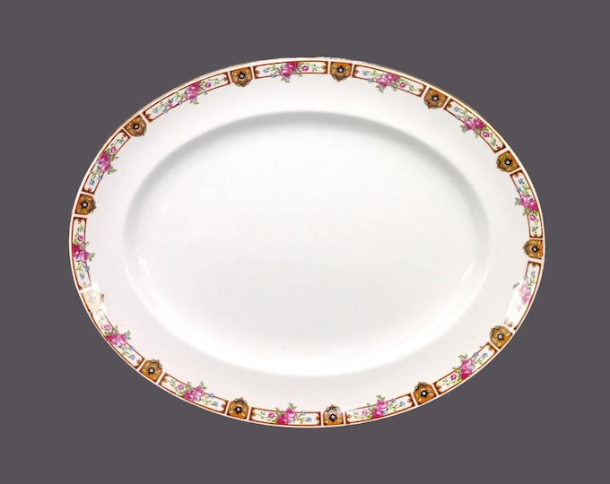 Antique Edwardian Age Bridgwood China | Anchor Pottery oval platter made in England. Pink roses, blue flowers, cartouches.