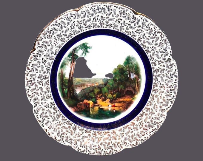 Wood & Sons Ascot Service decorative plate. River scene cobalt and filigree bands. Made in England.