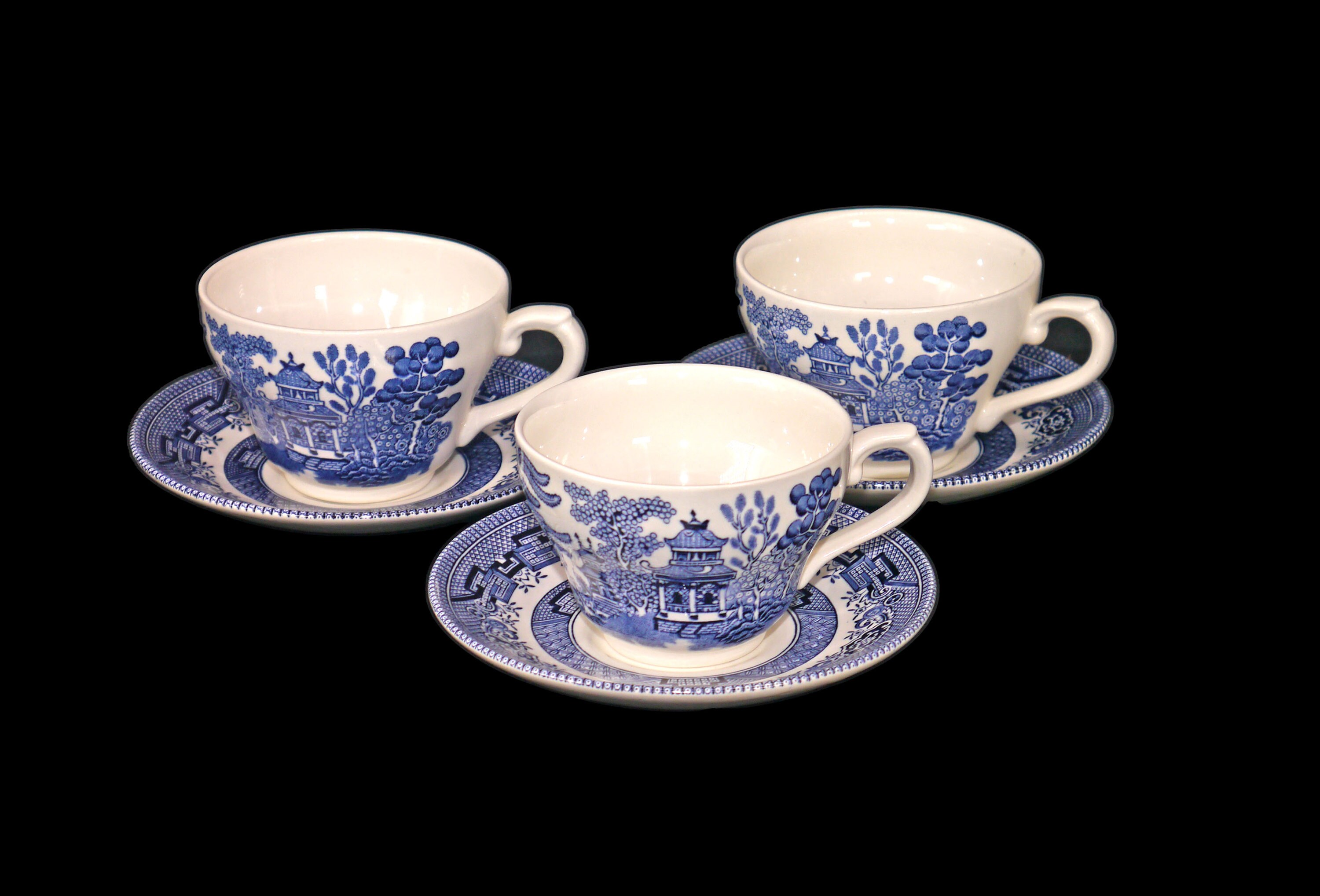 Three Churchill China Blue Willow cup and saucer sets made in England.