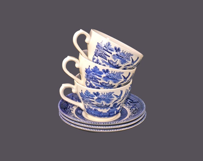 Three Churchill China Blue Willow cup and saucer sets made in England.