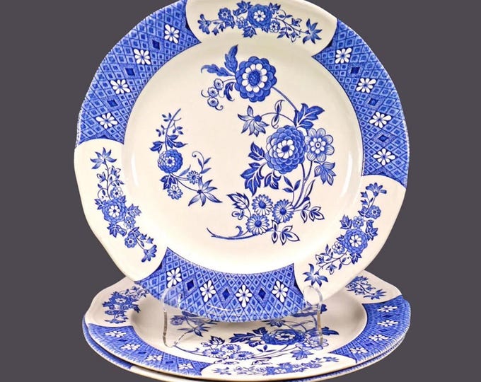 Three J&G Meakin | Royal Staffordshire Cathay dinner plates. Blue-and-white tableware made in England.