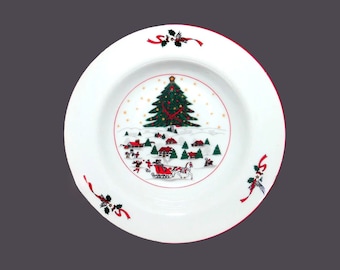 Vintage Kopin Christmas Pleasure rimmed soup bowl. Red trim. Sold individually.
