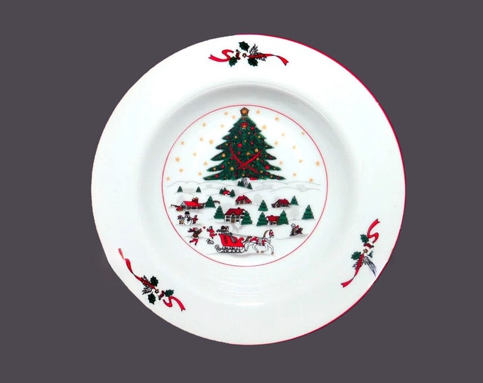 Kopin Christmas Pleasure rimmed soup bowl with red trim.