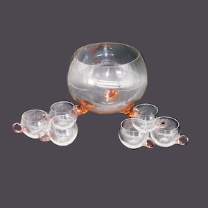 Vintage Pink Glass Punch Bowl Set: Shell Feet, 6 Cups, Sussmuth Style